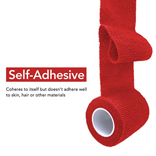 Cohesive Bandage 2" x 5 Yards, 6 Rolls, Self Adherent Wrap Medical Tape, Adhesive Flexible Breathable First Aid Gauze Ideal for Stretch Athletic, Ankle Sprains, Swelling, Sports, Human, Animal, Red