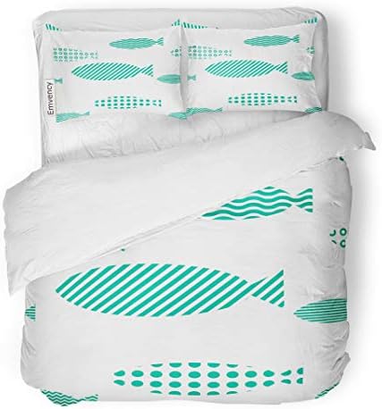 Tarolo Bedding Duvet Cover Set Blue Abstract Different Fishes Swimming to The Left Together Pattern Animal Aqua 3 Piece Twin 68"x90" Quilt Cover with Zipper Closure