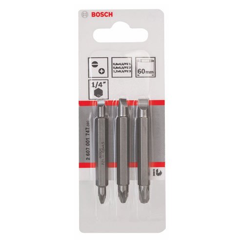 2607001747 BOSCH SET OF 3 PZ/SLOT SCREWDRIVER BITS DOUBLE ENDED