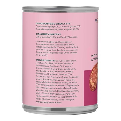 JINX PREMIUM WET DOG FOOD CANS – BEEF PATE – GRAIN-FREE CANNED DOG FOOD PATE & TOPPER WITH REAL INGREDIENTS & NO FILLERS – ALL LIFE STAGES, BREEDS & SIZES – 12-PACK, 13 OZ
