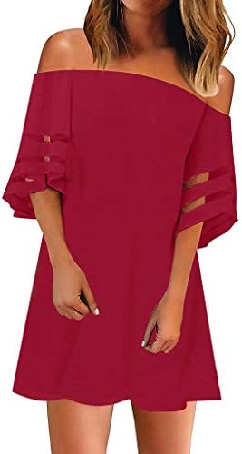 Women's Crew Neck Gauze Dress O Neck Mesh Panel Blouse 3/4 Bell Sleeve Loose Top Shirt Dress Skirt Summer Dress Maxi Dresses Top Dresses