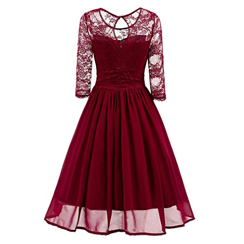 Women's Vintage Lace Dress,Toponly Autumn Spring Womens Three Quarter Sleeve Vintage Lace Evening Party Wedding Work Casual Dress (Fashion Wine red, 2XL)