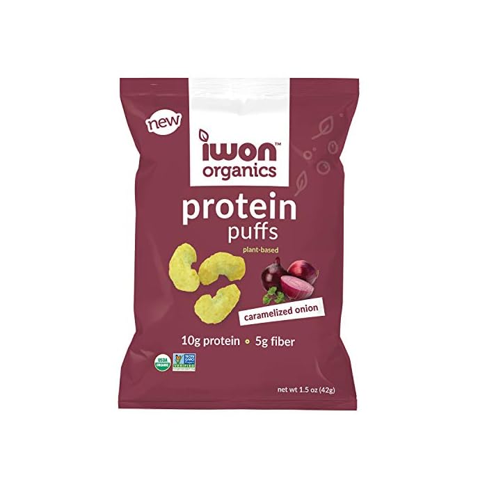 IWON Organics Caramelized Onion Flavor Protein Puff, High Protein and Organic Healthy Snacks, 8 Bags