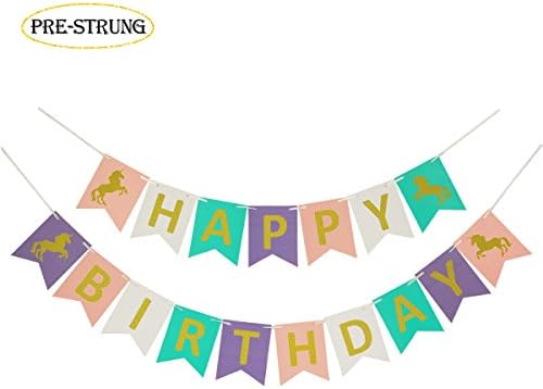 Unicorn Happy Birthday Banner Pink White Mint Purple with Gold Glitter Lettering