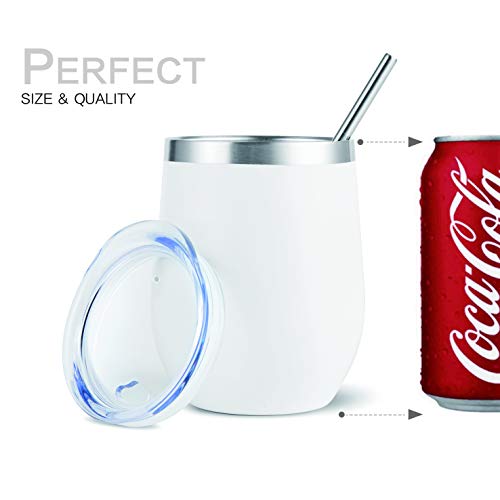 HITSLAM Wine Tumbler 12oz Stainless Steel Tumbler Vacuum Insulated Wine Glass Double Wall Coffee Mug for Champaign, Beer, Office use includes Straw Lid, Straw, Cleaning Brush (White)