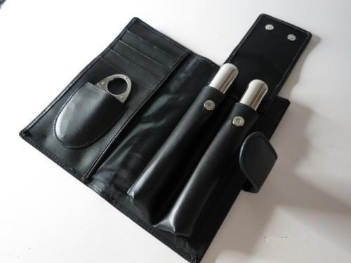 Stainless Steel Cigar Tube Case+ Cigar Cutter Set in Genuine Leather Travel Set
