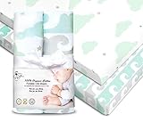 Cambria Baby 100% Organic Cotton Fitted Sheets for Pack 'n Play & Other Portable Mini Cribs. Fits on Playards & Mattresses up to 5 in Thick. Mint Gray Wave and Cloud Patterns. 2 Pack