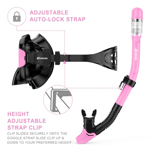 EMSINA Mask Fin Snorkel Set with Adult Snorkeling Gear, Panoramic View Diving Mask, Trek Fin, Dry Top Snorkel +Travel Bags, Snorkel for Lap Swimming
