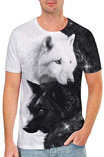 Mens Womens Short Sleeve Tops 3D Digital Print Black & White Galaxy Wolves Graphic Tees Classic Crew Neck Muscle T-Shirts Loose Fit Hip Hop Retro Clothes for Summer Casual Home Daily Wear XXL