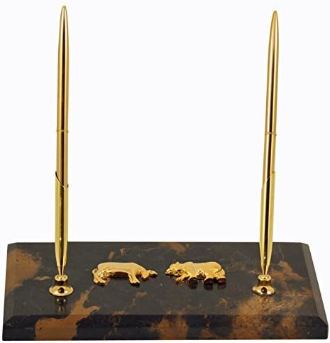 DESK ACCESSORIES - "WALL STREET" BULL & BEAR TIGER EYE MARBLE DOUBLE PEN STAND