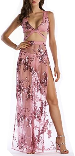 Cresay Women's Sexy Deep V Strap Backless Sequins Bodycon Romper Dress Club