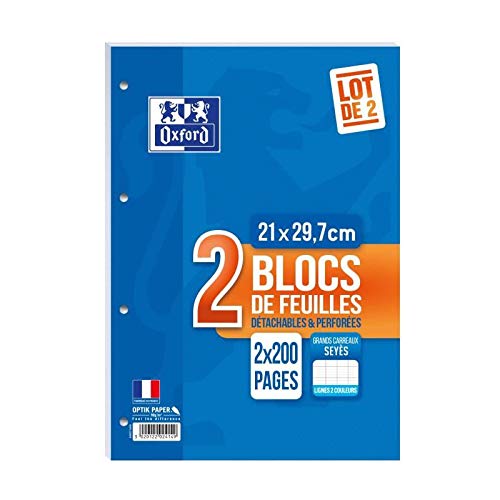 Oxford Pack of 2 Loose Sheets with Perforated Pages - 2 x 200 Pages - 90g - Large Seyès Squares