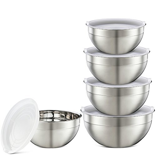 Hexun 5 Piece Stainless Steel Mixing Bowl Set with Airtight Lids, Salad bowls/Egg Beating Bowls With Clear Lids Mixing Bowls 1.5/2/3/4/5 Qt(Thickening Clear)