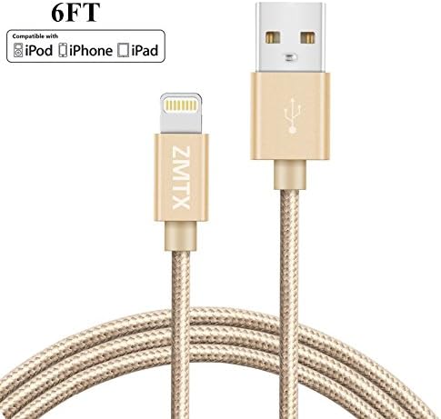 Charger Cable 6 Feet Nylon Braided for iPhone 7/7 Plus/6/6s/6 Plus/6s Plus/5/5c/5s/SE,iPad iPod Nano iPod Touch Gold