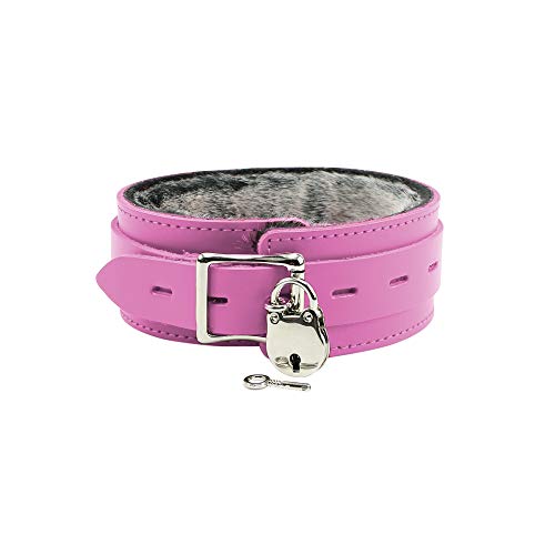 Avery BDSM Collar Lockable Genuine Leather Chinchilla Fur Bondage Choker (Pink, Small)