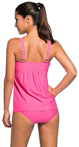 ZNCMRR Women's Solid Ruched Tankini Top Swimsuit with Triangle Briefs Plus Size (Rose Red, XXL) - Thumbnail 3