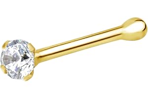Forbidden Body Jewelry 14k Gold Nose Ring, 22g, Solid 7mm Micro Stud, 1.25-2mm CZ Simulated Diamond, Non-Irritating Skin Safe Real Gold, Women and Men