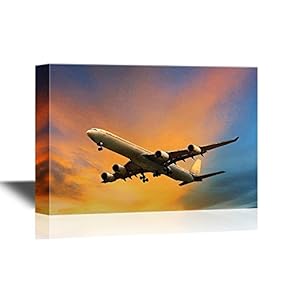 Flight Canvas Wall Art - Retro Style Airplane Flying at Sunset Time - Gallery Wrap Modern Home Art | Ready to Hang - 12x18 inches