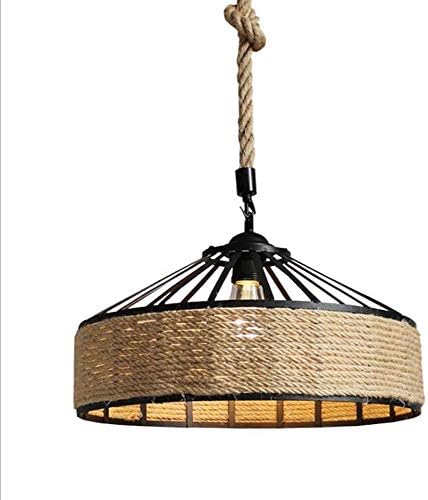 FENGFENGGUO Chandelier, American Wrought Iron Single Head Rope Lamp Retro Restaurant Creative Personality Straw Hat Yurt Industrial Wind Lighting,30CM