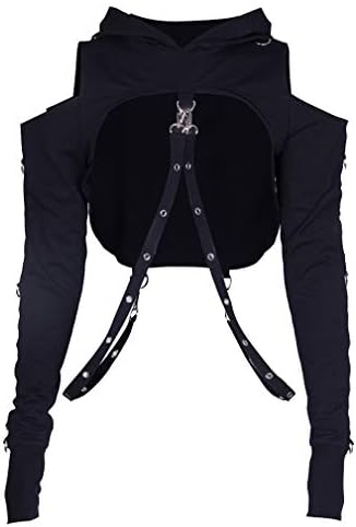 Fangcheng Women's Crop Top Shirt Halloween Hollow Hooded Sweatshirt with Metal Chain Ladies Hip Hop Sexy Off Shoulder Splice T-Shirt Black Sweater Hoody