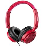 On Ear Headphones with Mic, Vogek Wired Foldable Bass Headphones with Volume Control and Microphone-Red