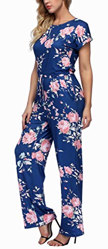 RichCoco Women's Floral Printed Jumpsuit Casual O Neck Loose Long Wide Legs Pants Jumpsuit Rompers with Pockets (Blue, M)
