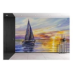 Yacht Sailing Against Sunset.Picture Created with Watercolors - Removable Wall Mural | Self-Adhesive Large Wallpaper - 66x96 inches