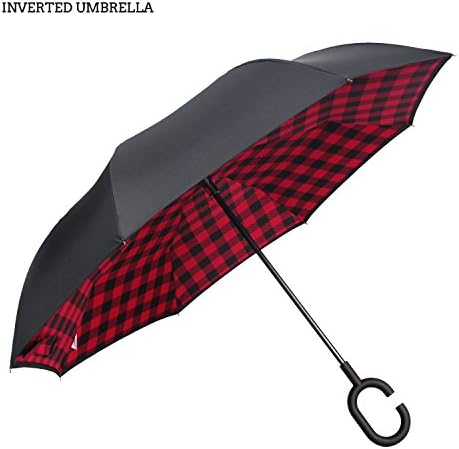 Premium Double Layer Inverted Umbrella For Car By AmbrellaOK Reverse Folding Upside Down C-Shaped Hands Free Handle - Compact Lightweight &amp; Windproof – Ideal Gift Men &amp; Women (Manual-Black-Checks)