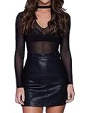 StyleDome Women Sexy Clubwear Choker Mesh Sheer Lone Sleeve V Neck See Through Tops Blouse Shirts