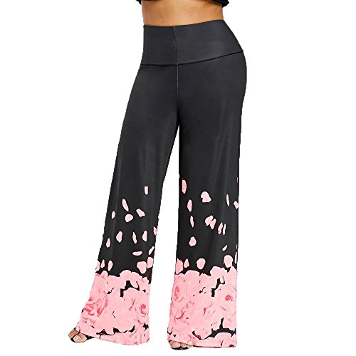 ManxiVoo Womens Plus Size Casual Wide Leg Trousers Pants Fashion Rose Petal Printed Loose Pants (XXXXXL, Pink) - Thumbnail 4