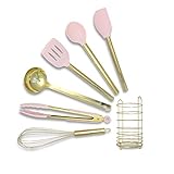 Pink Silicone & Gold Cooking Utensils With Stainless Steel Utensil Holder - Gold Whisk, Gold Ladle, Gold And Pink Spatula, Gold & Pink Tongs, Pink & Gold Serving Spoon, Turner, Gold Utensil Holder