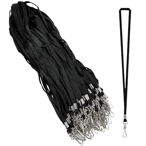 Double Dragon Premium Flat Lanyards with Metal Swivel J Hook for ID Card Badge Holder, Black, Pack of 100