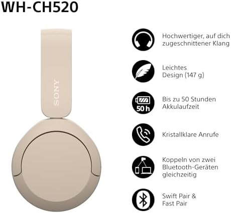 WH-CH520 Kabelloser Bluetooth On-Ear-Kopfhörer, hohe Klangqualität, leichtes Design, bis zu 50 Stunden Akkulaufzeit, Schnellladung, EQ, klare Gesprächsqualität, iOS & Android - Beige