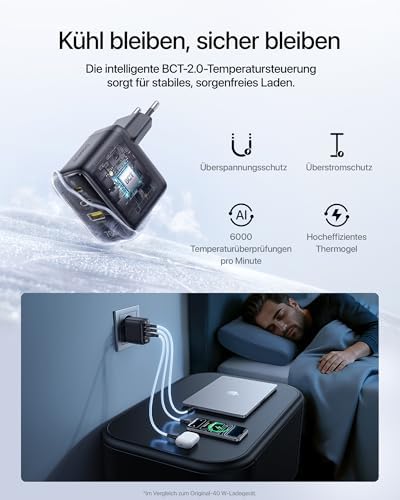 Enerfill 70W USB C Ladegerät, 3-Port GaN6 Schnellladegerät, kompaktes Netzteil für MacBook Air, iPhone 17/16/15 Pro Max, iPad Pro, Galaxy S25/S24, Pixel, Laptop und mehr