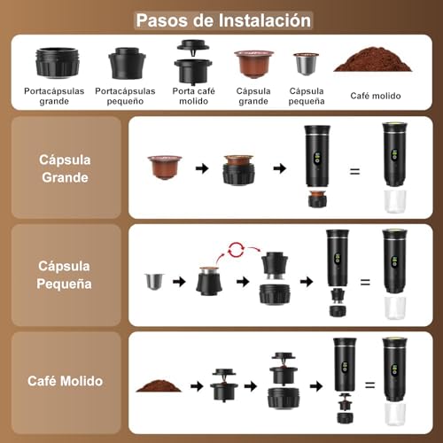 Cafetera Espresso Portátil, Cafetera Eléctrica MINI, Máquina de Café de Mano con Infusión en Frío y Calentamiento 4-6 Minutos Auto, Máquina Espresso con Café Molido y Cápsulas NS, Fácil de Limpiar