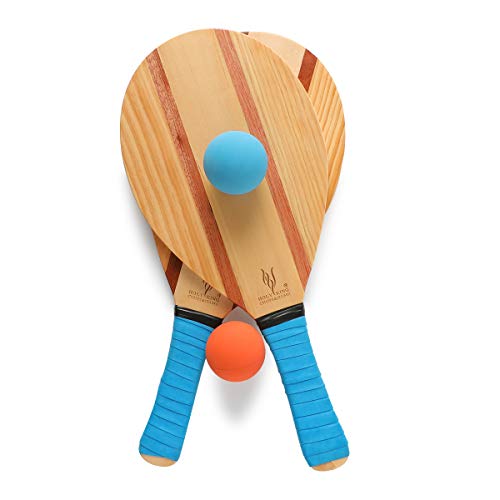 HOLYKING Wooden Beach Striped Paddle Ball Set - Tennis Racket Outdoor Sport Games