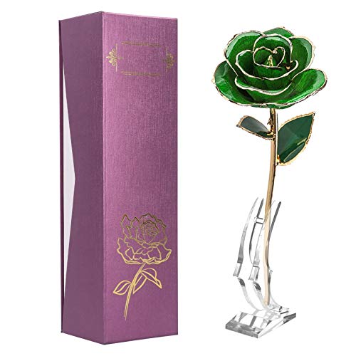 24K Gold Dipped Real Rose, Green Rose Real 24K Gold Rose with Base, Womans Gifts for Christmas, Unique Gifts for Her Wife Women Mom Valentines Anniversary Birthday