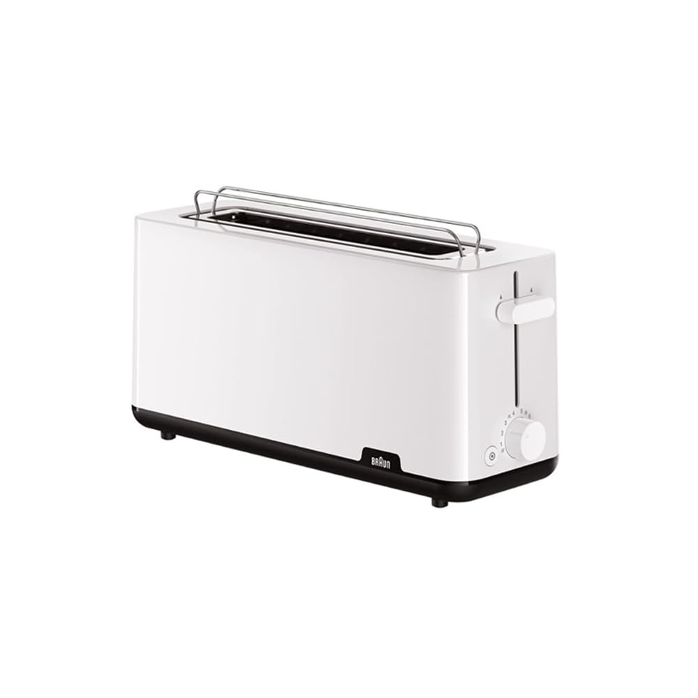 Braun Breakfast 1 HT1110WH Toaster mit extra langem Schlitz, 8 Bräunungsstufen, Aufwärm- und Auftaufunktion, Krümelfach, 25 cm Schlitz, Leistung 1030 W, Weiß