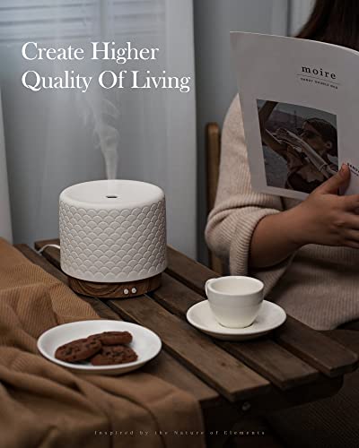 Difusor de Aceites Esenciales Cerámico 280ml para habitaciones grandes y comerciales. Humidificador ultrasónico 2.4MHz, luz decorativa, niebla pulsada/continua, temporizador y apagado automático.