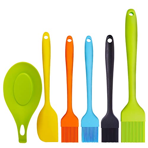 Basting Brush Silicone Heat Resistant BPA Free Pastry Brushes with Spatula for BBQ Grill Barbeque & Kitchen Baking Set -Meat/Cakes/Cookies/Butter/Desserts/Oil Brushes Soft Bristles Long Handle (6)