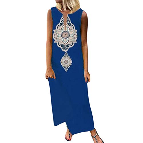 Goddessvan Women Printed Sleeveless Skirt Side Slit Bohemian Shift Maxi Dress Blue