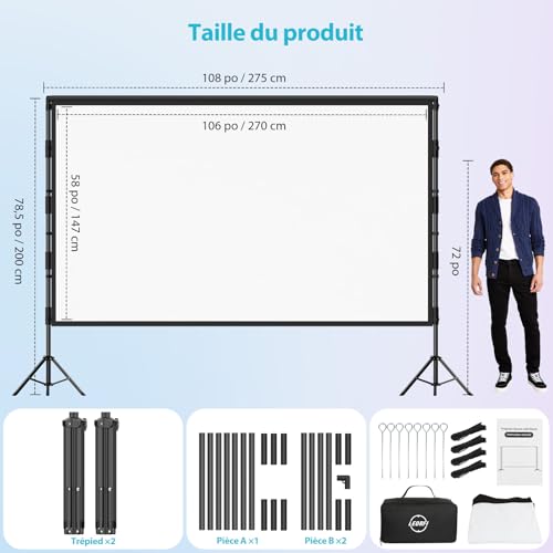 Écran de Projection avec Support 120 Pouces – LEORFI Écran de Projection Portable Intérieur Extérieur avec Dos Noir, 16:9 4K HD, Anti-Plis, Sac de Transport pour Jardin & Home Cinéma