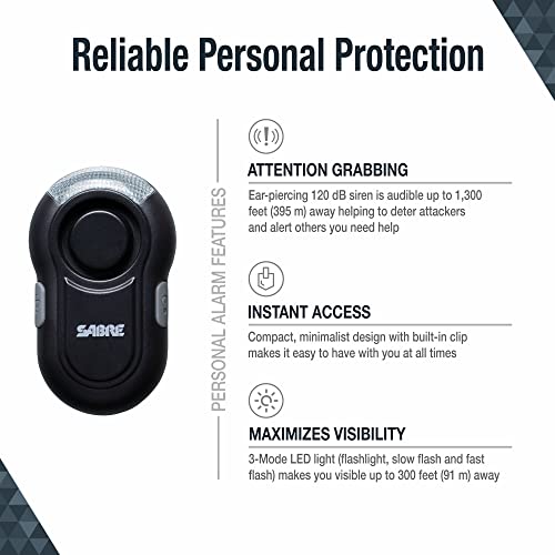 SABRE ClipOn Personal Alarm With LED Safety Light, 120dB Alarm