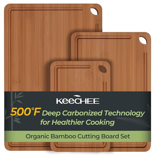 Keechee Bambus-Schneidebrett, robuste Holzschneidebretter für die Küche mit tiefen Saftrillen und integrierten Griffen, ideales Charcuterie und Hacken