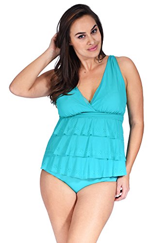 Mazu (1MZ7200) Swim Women's Ruffle Mesh Swimwear Triple Tier Plus Size Tankini Top (18W-24W) In Lasercut Jade Size: 18W