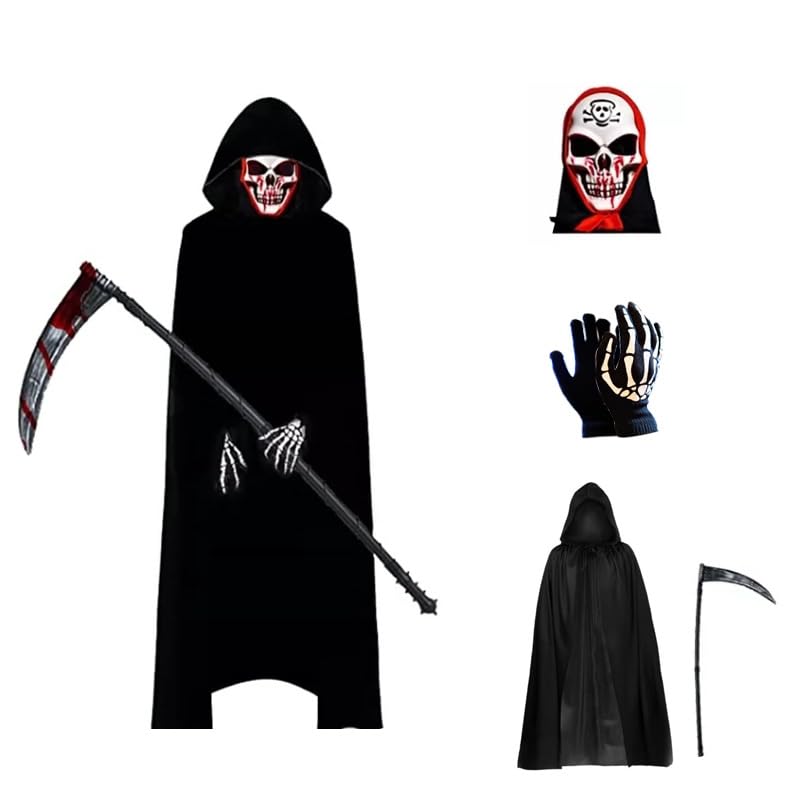 Grim Reaper Halloween Costume - Skeleton Mask, Gloves, Scythe & Robe - Black