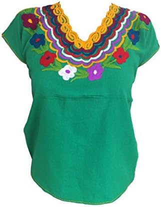 Floral Mexican Blouse - Embroidered - Authentic - Handmade - Cotton - Green