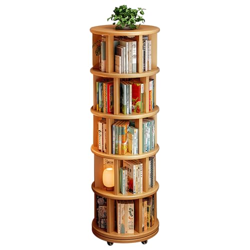 DAYONG 5-Tier Rotating Bookshelf, Large Capacity Solid Wood Bookcase with Wheels, Space-Saving Book Shelf Storage Display Rack Floor Standing Shelves for Small Space, Corner, Office (Natural)