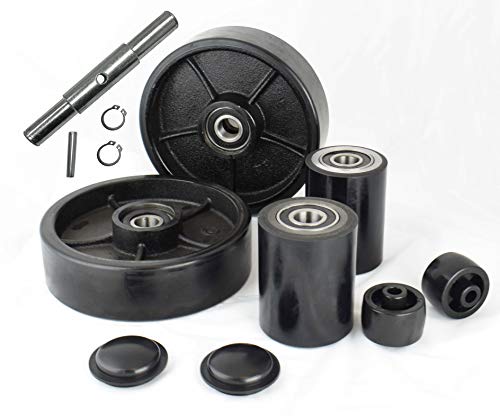 Pallet Jack/Truck Full Set Black with Back Axle, Steering Wheels 7"x 2" Pair, Front Load Roller 3" x 3.75" Pair with Bearings ID 20mm Poly Tread Black with Entry Exit Roller and Protective Caps - Thumbnail 5