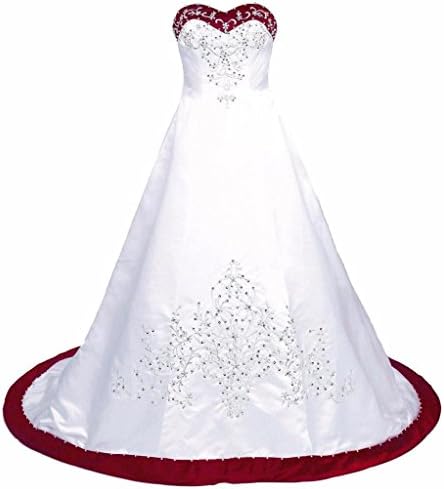 Edaier Women's Court Train EmbroideDark Red Satin Wedding Dress Bride Gown Size 28 Ivory Dark Red